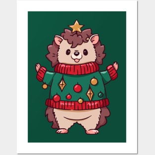 Cute Cartoon Christmas Hedgehog Posters and Art